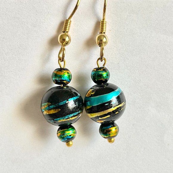 Aqua Blue Black Clear Murano Glass Earrings Bead Hand Painted Round Gold Plated - Picture 1 of 9